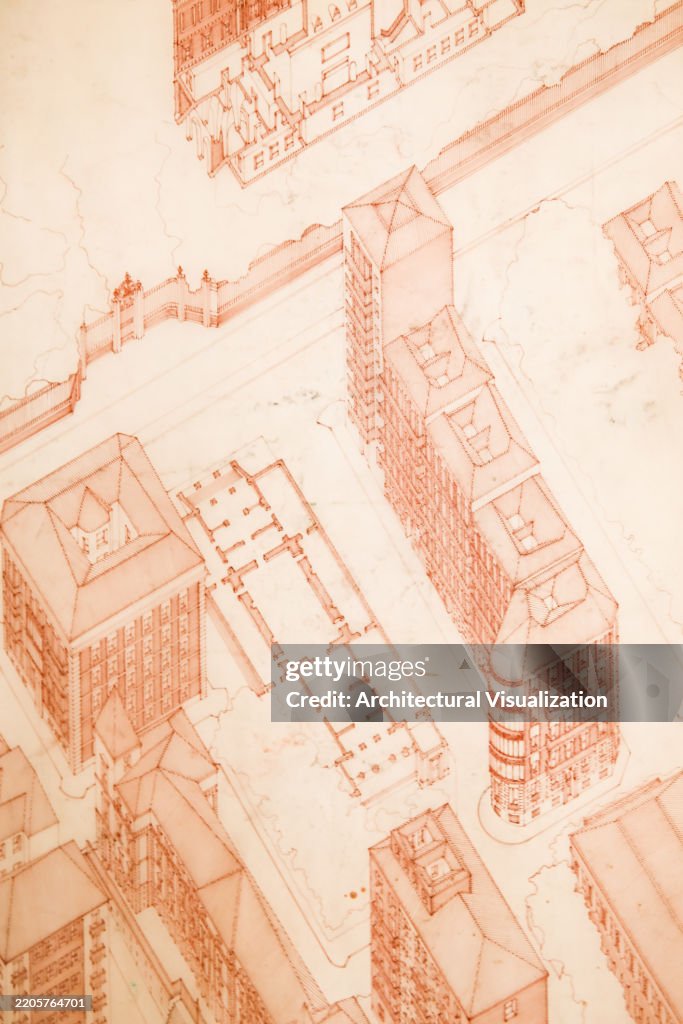 Detailed Architectural Pen Drawing in Red of a Residential Urban Area in 3D Axonometric Isometric Perspective View