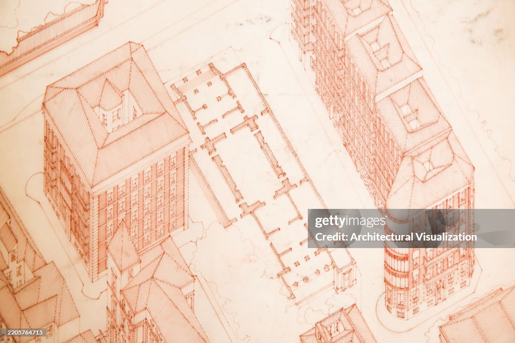 Detailed Architectural Pen Drawing in Red of a Residential Urban Area in 3D Axonometric Isometric Perspective View with Building Foundations Structure