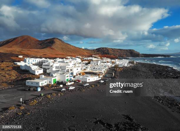 aerial view of el golfo village at sunset, lanzarote, canary islands, spain - kanarieöarna bildbanksfoton och bilder