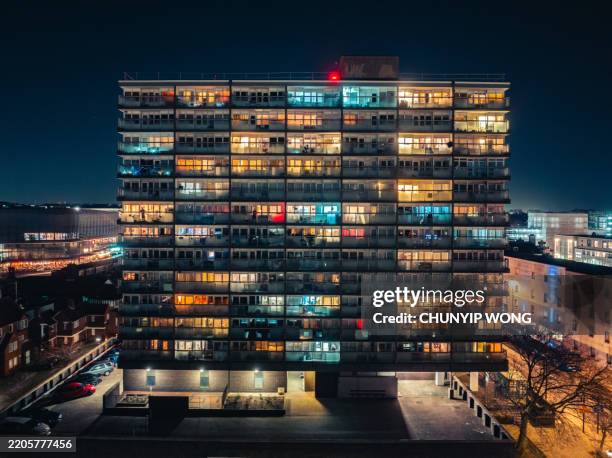 drone view of downtown district of southampton, england at night - public housing stock pictures, royalty-free photos & images
