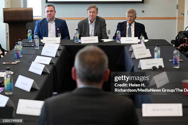 Senator John Hickenlooper listens to Greg Ebel, Sc.D. Lab Principal Investigator, Director, Center for Vector-Borne Infectious Diseases and Professor...