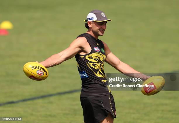Tim Taranto of the Tigers looks on during a Richmond Tigers AFL training session at Punt Road Oval on March 19, 2025 in Melbourne, Australia.