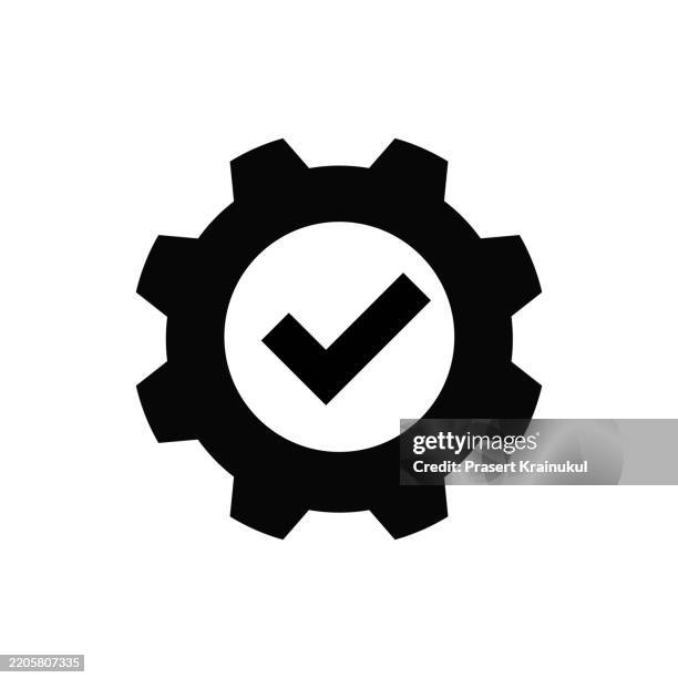 gear with check mark icon vector - cambio de marchas fotografías e imágenes de stock