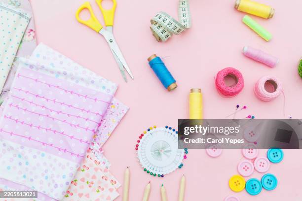 top view sewing items - sewing tools stock pictures, royalty-free photos & images