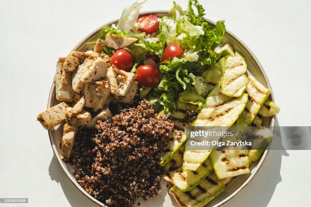Plate with quinoa, roasted chicken meat, salad and grilled zucchini.