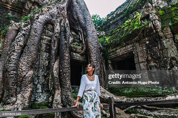 smiling young woman admiring the tree embedded in the ta prohm temple in cambodia. - angkor wat stock pictures, royalty-free photos & images