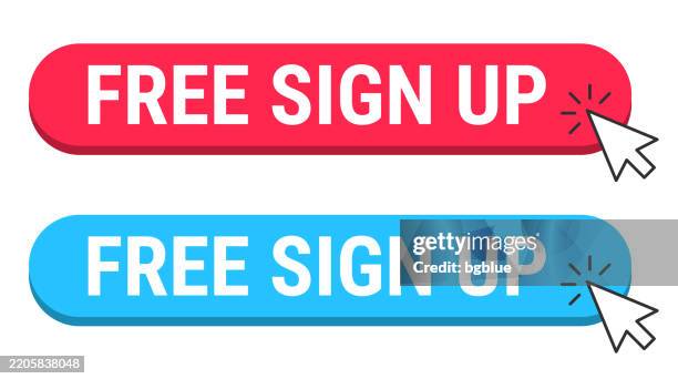 stockillustraties, clipart, cartoons en iconen met free sign up - red and blue buttons with cursor on white background - gratis