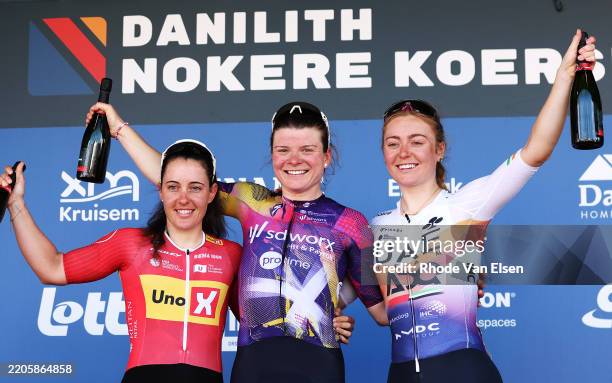 Linda Zanetti of Switzerland and Team Uno-X Mobility on third place, race winner Marta Lach of Poland and Team SD Worx - Protime and Lara Gillespie...