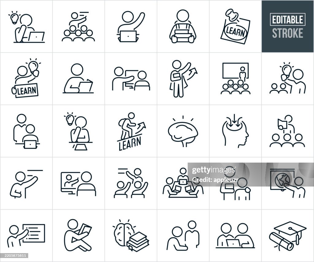 Study and Learning Thin Line Icons - Editable Stroke - Icons Include Students Learning, Education, Teacher, Instructor, Teaching, Lecturing, Homework, Reading Book, Knowledge, Professor, Thinking, Coursework, Schoolwork, Academics