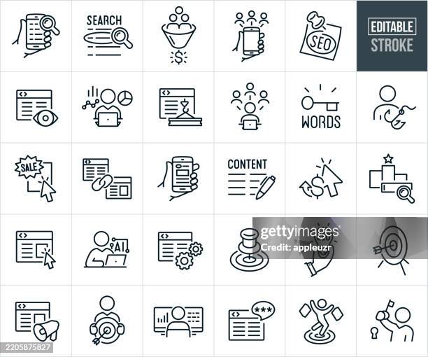 search engine optimization thin line icons - editable stroke - icons include seo, sem, search engine optimization, web design, website, keywords, content, social media, online marketing, digital marketing, search placement - person searching icon stock illustrations
