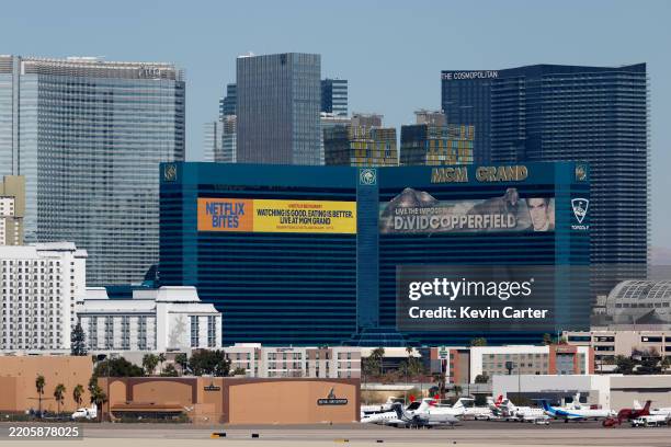 The MGM Grand Hotel & Casino on the Las Vegas Strip is shown in front of other hotels and casinos in the on the Las Vegas Strip in Las Vegas, Nevada.
