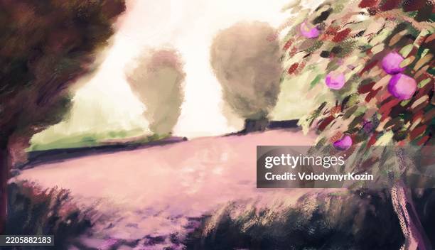landscape with a fruit tree in the foreground - apple tree garden stock illustrations