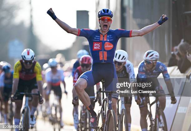 Nils Eekhoff of Netherlands and Team Picnic PostNL celebrates at finish line as race winner during the 79th Danilith Nokere Koerse 2025, Men's Elite...