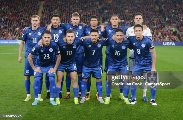Kazakhstan team line up prior to kick off during the FIFA World Cup 2026 European Qualifier between Wales and Kazakhstan at Cardiff City Stadium on...