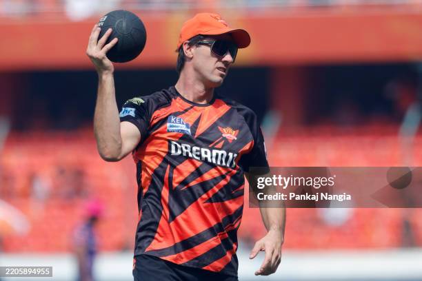 Pat Cummins of Sunrisers Hyderabad warmup before the 2025 IPL match between Sunrisers Hyderabad and Rajasthan Royals on March 23 in Hyderabad, India.