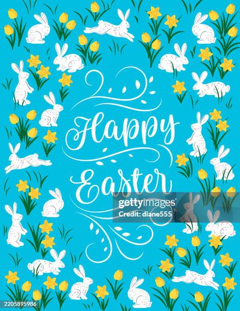 happy easter rabbits card template - easter daffodil stock illustrations