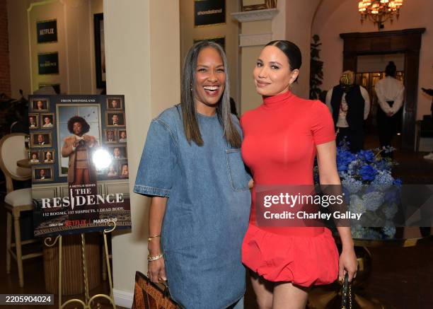 Mara Brock Akil and Jurnee Smollett attend Netflix's "The Residence" Hey Queen Dinner at Carondelet House on March 18, 2025 in Los Angeles,...