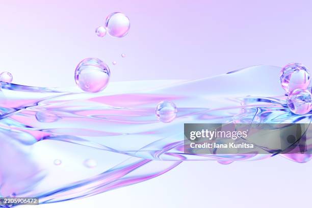 abstract composition of floating iridescent water drops, bubbles and fluid waves in pastel gradient pink, blue and purple tones. futuristic beauty 3d background. concept of purity, liquid, innovation. - purified water stock pictures, royalty-free photos & images