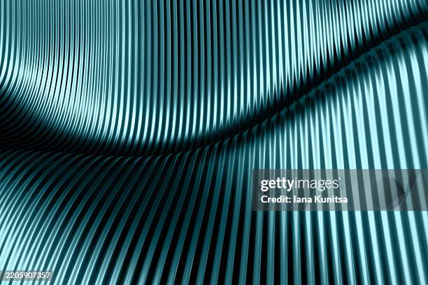 futuristic abstract background with smooth metallic waves and curved parallel lines. elegant flowing texture with reflective surface in blue tones. modern technology, luxury, industrial design concept - teal stock pictures, royalty-free photos & images