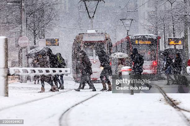 blizzard in downtowen the hague in the netherlands - inconvenience stock pictures, royalty-free photos & images