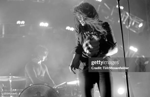 Jack White and Alison Mosshart of The Dead Weather perform during Coachella 2010 at the Empire Polo Fields on April 17, 2010 in Indio, California.