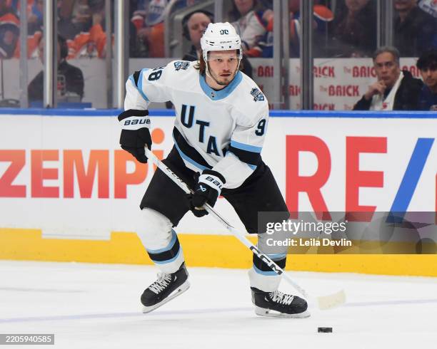 Mikhail Sergachev of the Utah Hockey Club in action during the game against the Edmonton Oilers at Rogers Place on March 18 in Edmonton, Alberta,...