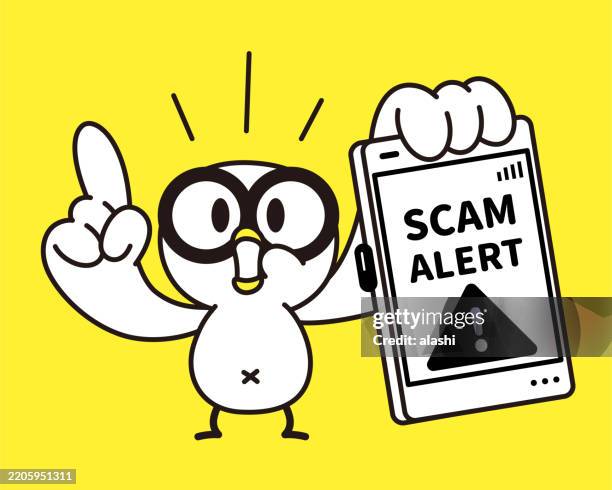 a cute bird, wearing large glasses, holding a big smartphone that displays a scam alert on the screen, one wing pointing upwards, speaking. front view, black outline with flat colors, minimalist style - cartoon bird with glasses stock illustrations