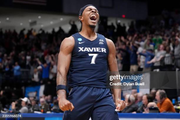 Ryan Conwell of the Xavier Musketeers celebrates after defeating the Texas Longhorns in the First Four game of the NCAA Men's Basketball Tournament...