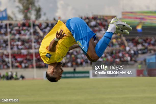Gabon's Pierre-Emerick Aubameyang celebrates after scoring a goal during the FIFA World Cup 2026 Africa qualifiers group F football match between...