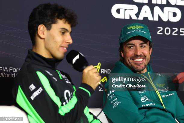 Gabriel Bortoleto of Brazil and Stake F1 Team Kick Sauber and Fernando Alonso of Spain and Aston Martin F1 Team in the Drivers Press Conference...