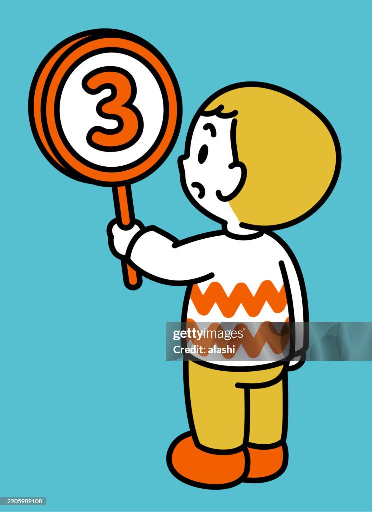 A cute boy holding a circular sign with the number "3". This is a three-quarter rear view, with a black outline and flat colors, in a minimalist style