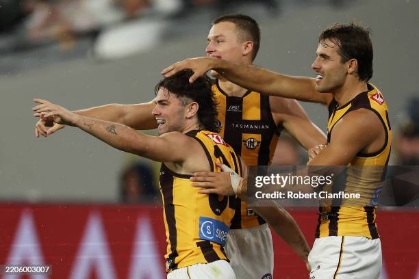 Nick Watson of the Hawks celebrates kicking a goal during the round two AFL match between Carlton Blues and Hawthorn Hawks at Melbourne Cricket...