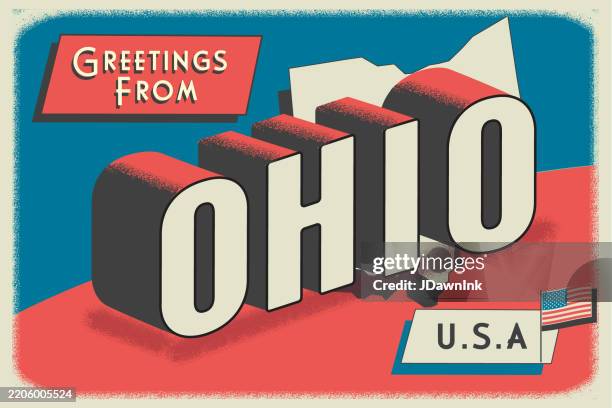 ilustraciones, imágenes clip art, dibujos animados e iconos de stock de saludos desde el estado de ohio, ee. uu., diseño de diseño de postal retro con diseño de texto de estilo de turismo patriótico vintage vintage en 3d. paleta de colores rojo y azul con bandera estadounidense - ohio