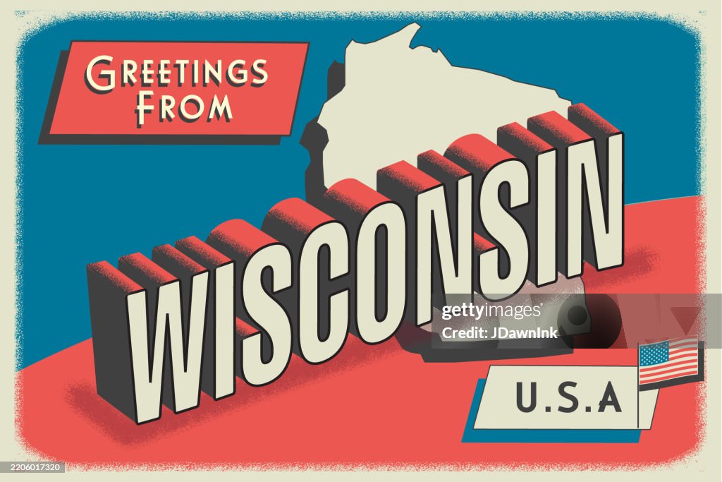 Greetings from Wisconsin State USA retro postcard design layout with 3D vintage patriotic tourism style text design. Red and blue color palette with American flag