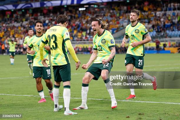 Jackson Irvine of Australia celebrates a goal during the round three FIFA 2026 World Cup AFC Asian Qualifier match between Australia Socceroos and...