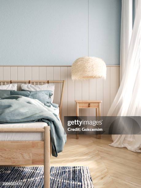 coastal bedroom design with wooden bed furniture, blue walls and wood panelling. interior mockup. 3d rendering. - sovrum bildbanksfoton och bilder