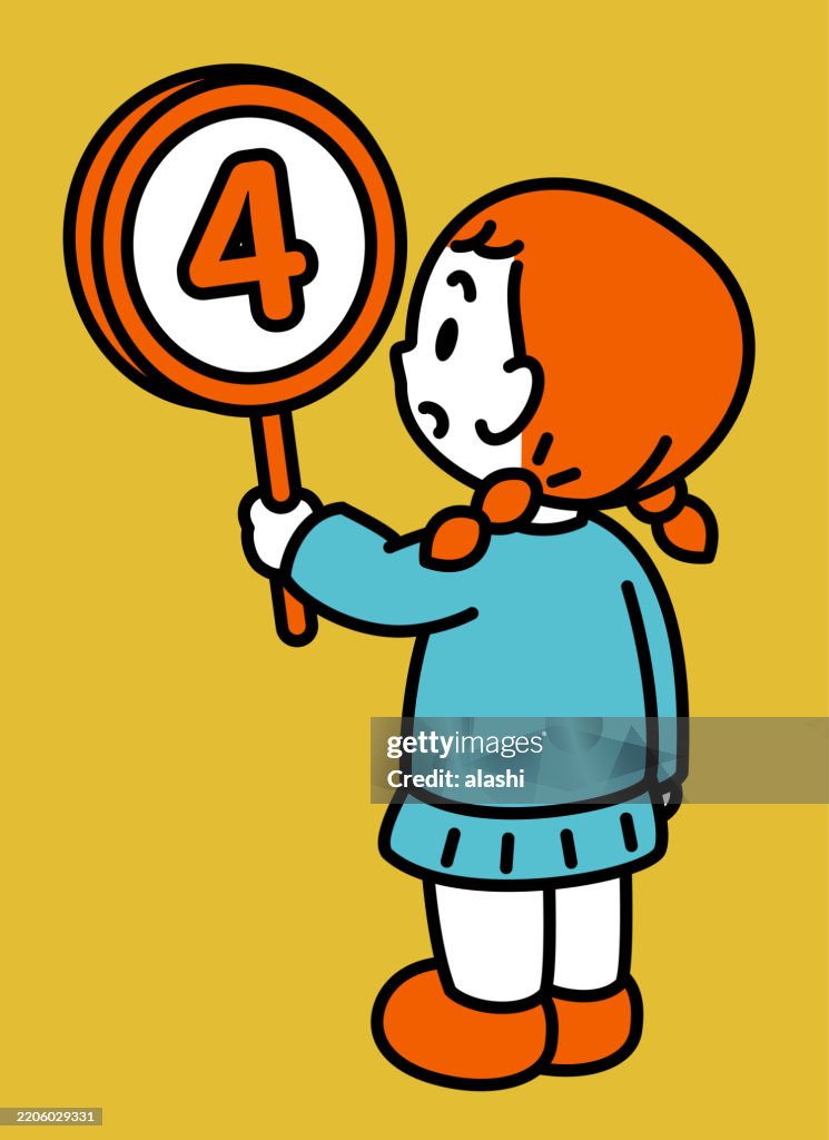 A cute girl holding a circular sign with the number "4". This is a three-quarter rear view, with a black outline and flat colors, in a minimalist style