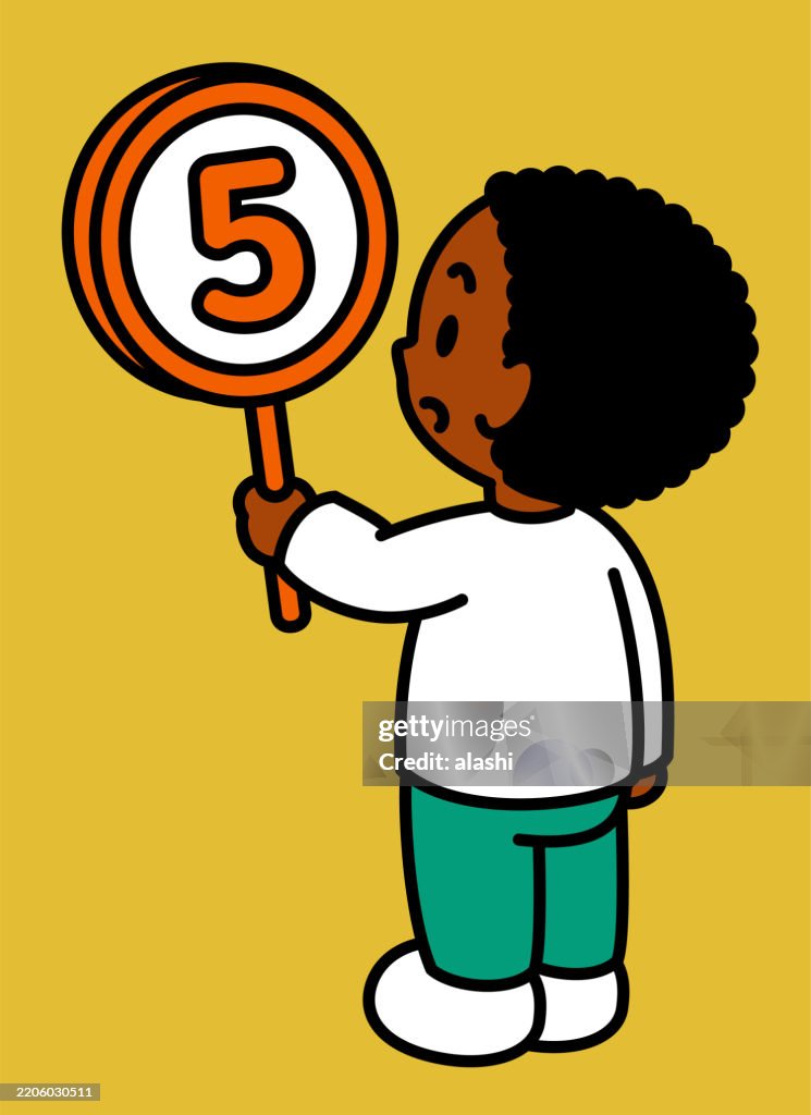 A cute boy holding a circular sign with the number "5". This is a three-quarter rear view, with a black outline and flat colors, in a minimalist style