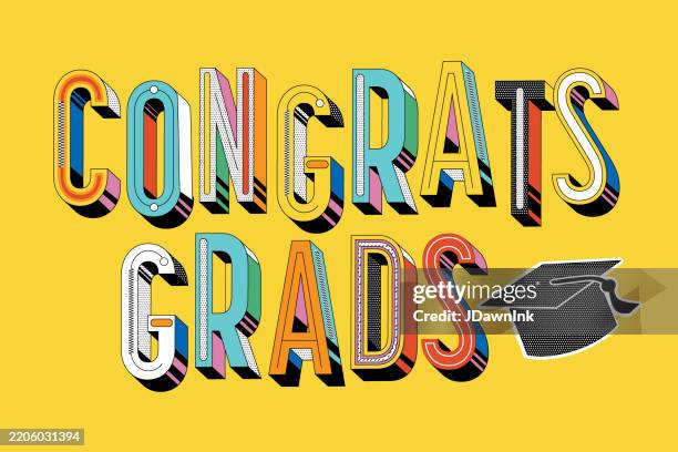 herzlichen glückwunsch zum abschluss typografie-design in farben mit grad-kappe - gratulieren stock-grafiken, -clipart, -cartoons und -symbole