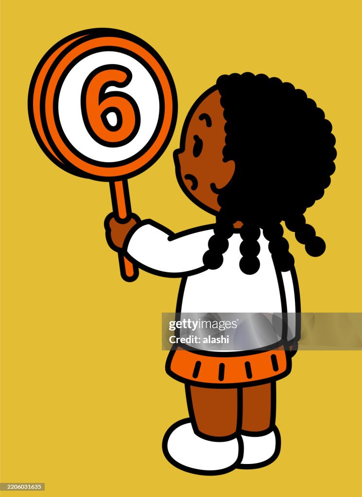 A cute girl holding a circular sign with the number "6". This is a three-quarter rear view, with a black outline and flat colors, in a minimalist style