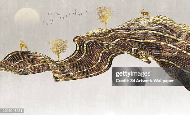 3d illustration landscape wallpaper. Mountains, tree, birds, golden deer and clouds in light beige background. mural bed room decoration