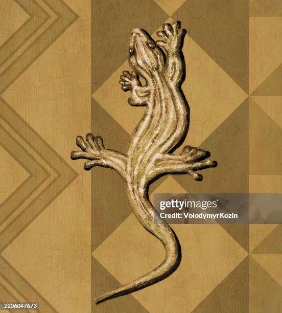traditional african pattern in geometric style with a golden lizard with ruby eyes - ruby stone stock illustrations
