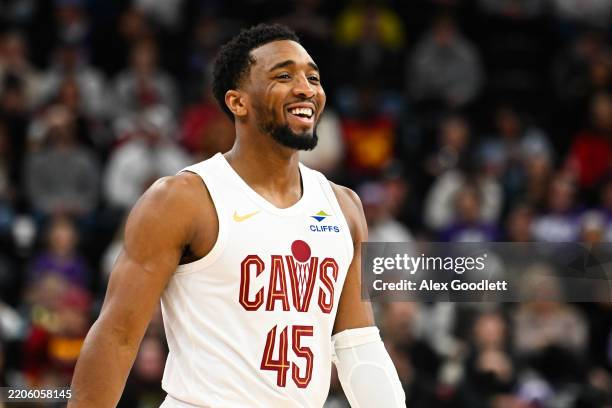 Donovan Mitchell of the Cleveland Cavaliers looks on during the first half of a game against the Utah Jazz at Delta Center on March 23, 2025 in Salt...