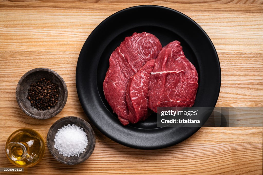 Raw beef meat in black plate