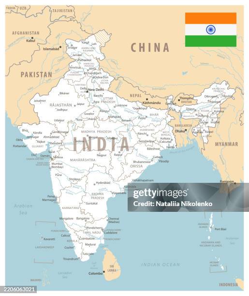 india - detailed map with regions and cities. detailed vector illustration. - india map stock illustrations