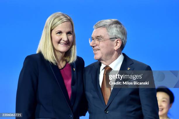 Kirsty Coventry speaks with Outgoing IOC President, Thomas Bach, after being elected as the new IOC President on Day Two of the 144th International...