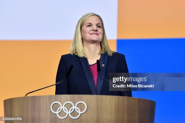 Kirsty Coventry reacts as she delivers a speech after being elected as the new IOC President on Day Two of the 144th International Olympic Committee...