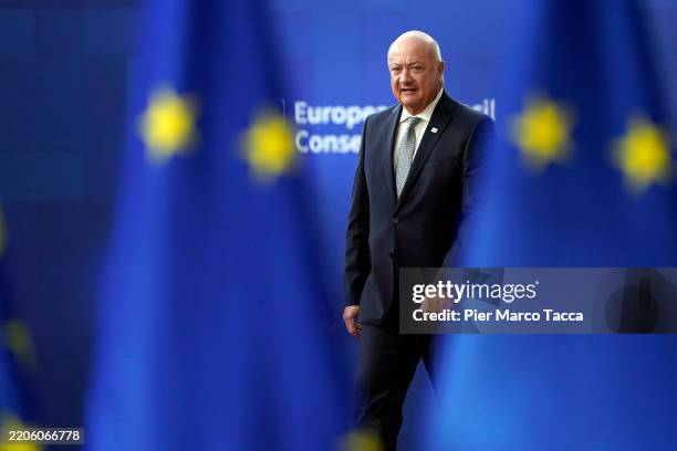 Christian Stocker Federal Chancellor of Austria arrives at the European Council Meeting on March 20, 2025 in Brussels, Belgium.