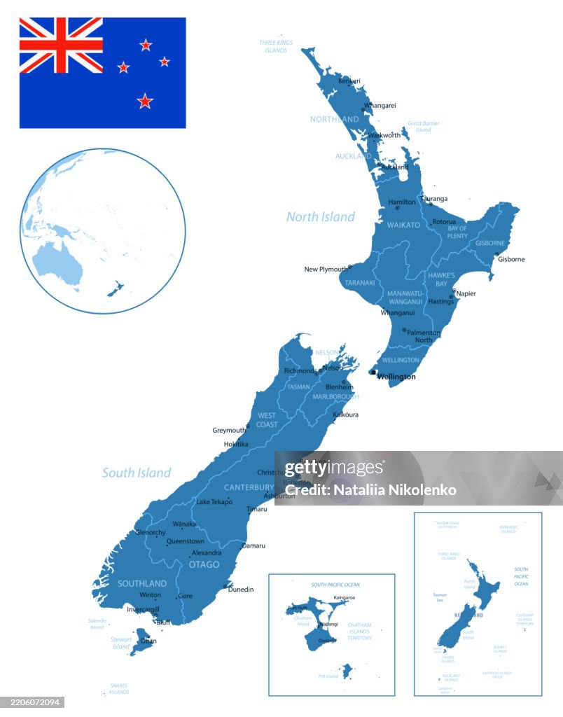 New Zealand - detailed map with regions and cities of the country.