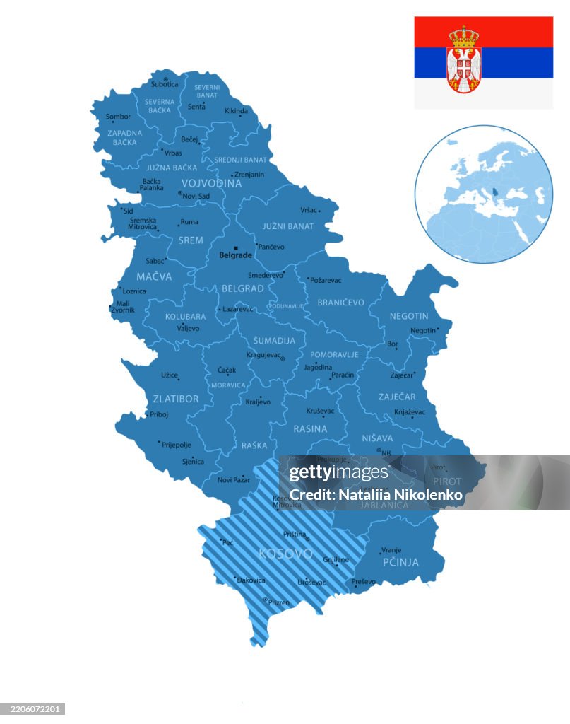 Serbia - detailed map with regions and cities of the country.